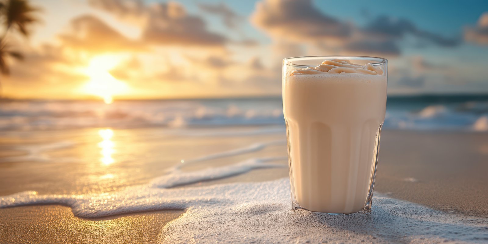 Refreshing drink on the beach during sunset with gentle waves lapping at the shore